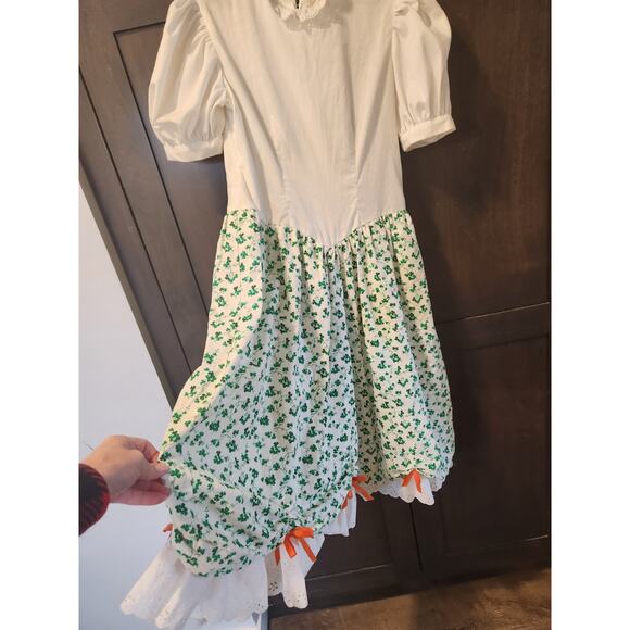 Vintage Green St. Patrick's Day Irish Shamrock Girl's Prairie Dress Puff Sleeves - Picture 9 of 15